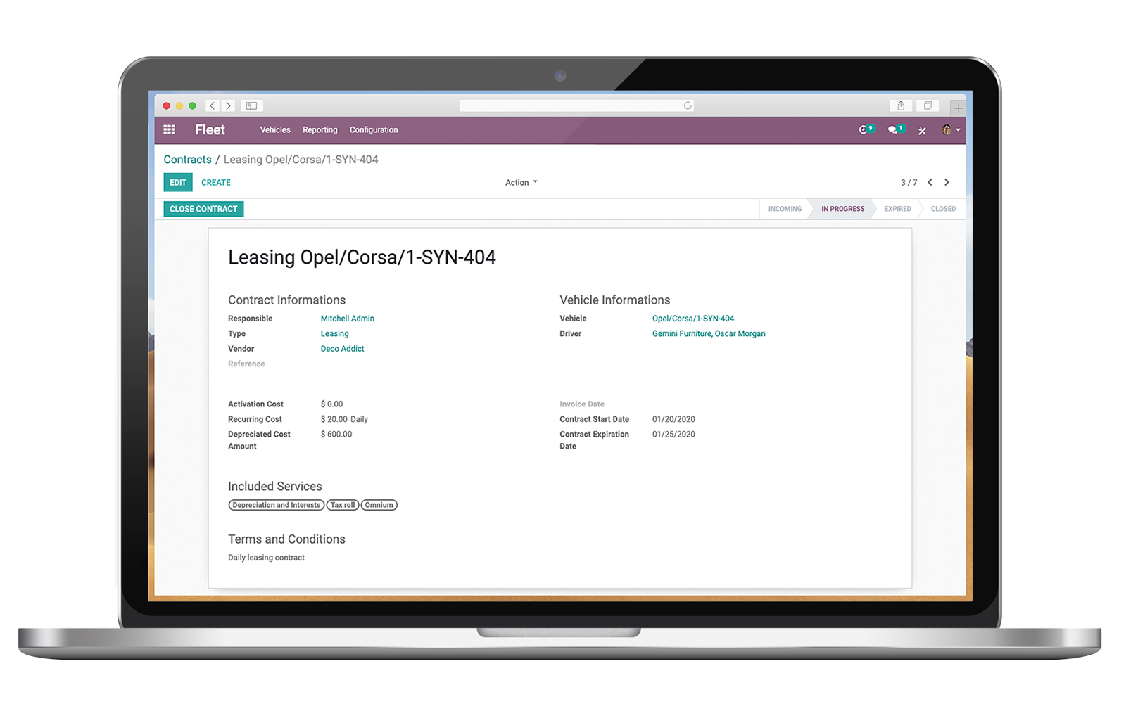 Giao diện hợp đồng trong Odoo Đội xe