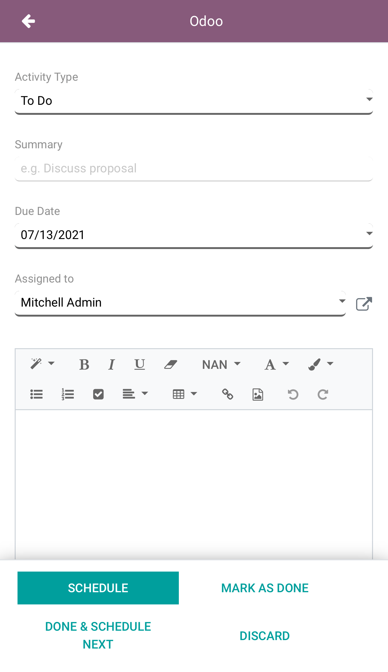 Lên lịch một hoạt động chẳng hạn như cuộc gọi, cuộc họp hoặc email với trang tổng quan Odoo VoIP
